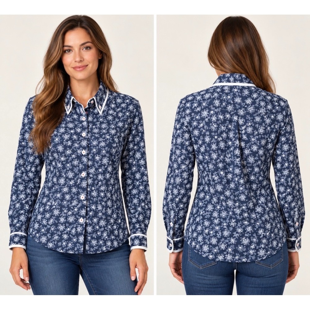 Orvis Navy Ditsy Floral Button Front Blouse Wrinkle Resistant Cotton Sz 12 NWOT